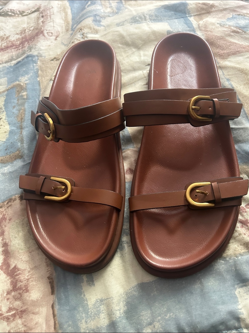Zara Brown Double Buckle Slide Sandals